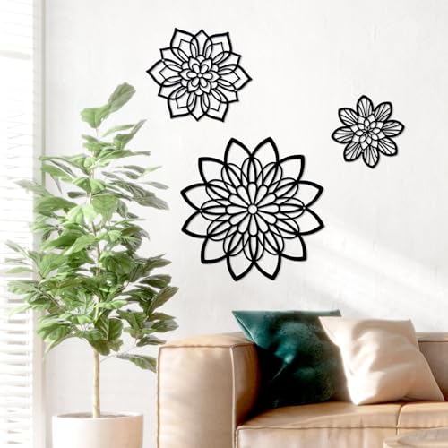 Hanwares 3 Pieces Metal Flowers Wall Decor, Black Wall Decors, Flower Art Wall Decor Farmhouse Wall Decoration Multiple Flowers Hanging Decor for Bathroom Living Room Garden Office (Black Elegant)