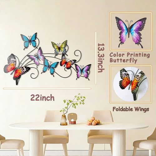 Hanwares Metal Butterflies Wall Decor Art, 22"×13.3", Indoor & Outdoor Decoration, 3D Colorful Hanging Butterfly Decorations for Patio Garden Fence Yard