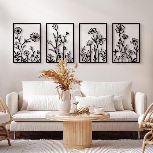 Hanwares Black Metal Flower Wall Decor, Minimalist Floral Botanical Wall Art, Abstract Line Boho Farmhouse Decor for Living Room, Bathroom, Bathroom, Office, Meaningful Gift (4 Pcs, 12x17 in)