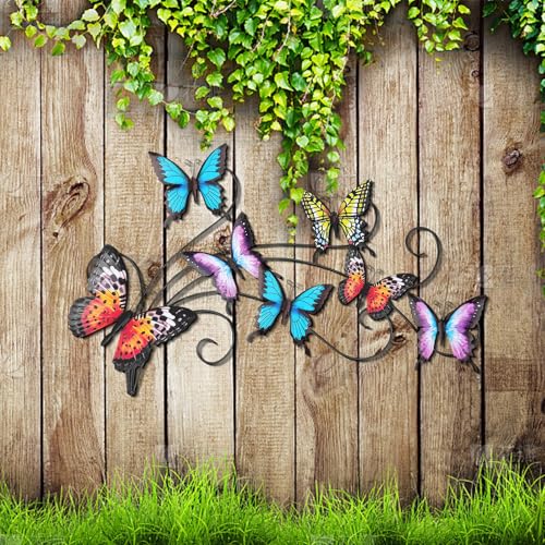 Hanwares Metal Butterflies Wall Decor Art, 22"×13.3", Indoor & Outdoor Decoration, 3D Colorful Hanging Butterfly Decorations for Patio Garden Fence Yard