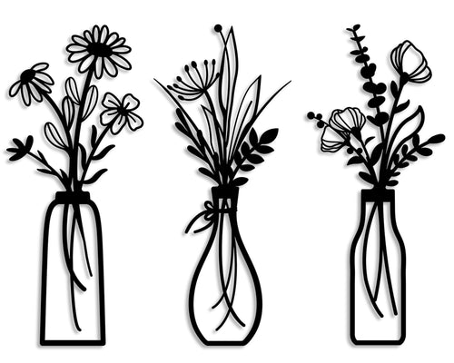 Hanwares 3 Pieces Metal Flowers Wall Arts - Rustic Farmhouse Decor Black Minimalist Flower Wall Decors for Living room Bathroom Bedroom Dining Room - Housewarming Gifts(Black, Vase-C)