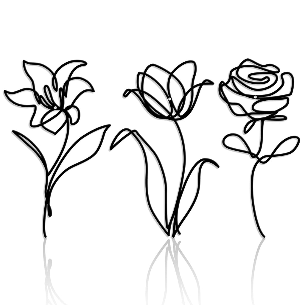 Hanwares Metal Flowers Wall Art Set of 3, Farmhouse Floral Home Decoration, Modern Line Art Flower Wall Decor for Living Room Bedroom Bathroom, Minimalist Botanical Wall Sculpture – Lily, Tulip, Rose
