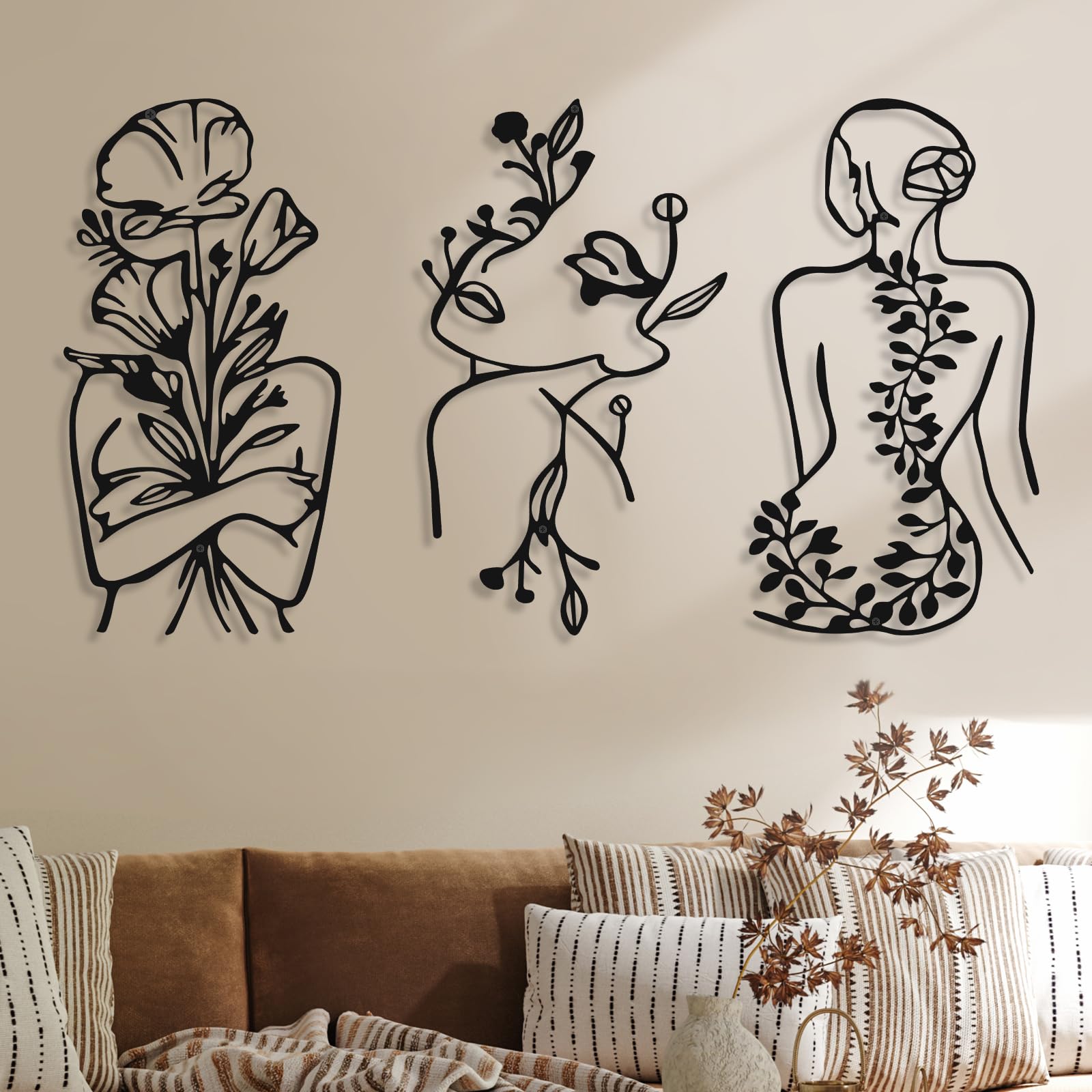 Hanwares 3 Pcs Metal Wall Art Decor Minimalist Abstract Woman Wall Art Metal Modern Line Drawing Decor Female Single Line Home Hanging for Bedroom Bathroom Living Room Housewarming(Plant,Black)