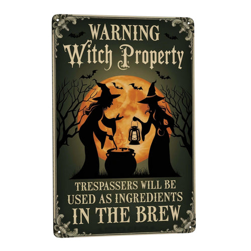 Metal Quote Wall Decor - 8x12 Inch Metal Sign Warning Witch Property Halloween Retro Farmhouse Wall Decor For…