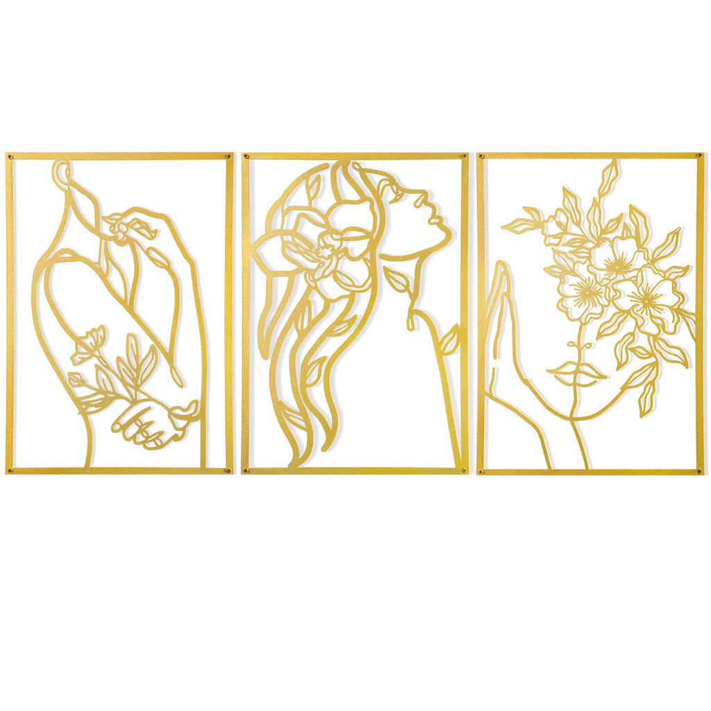 Hanwares 3 Pcs Gold Metal Wall Decor, Minimalist Floral Women Line Drawing Wall Art, Elegant Abstract Lady Silhouette Metal Wall Hanging for Home Bedroom Living Room