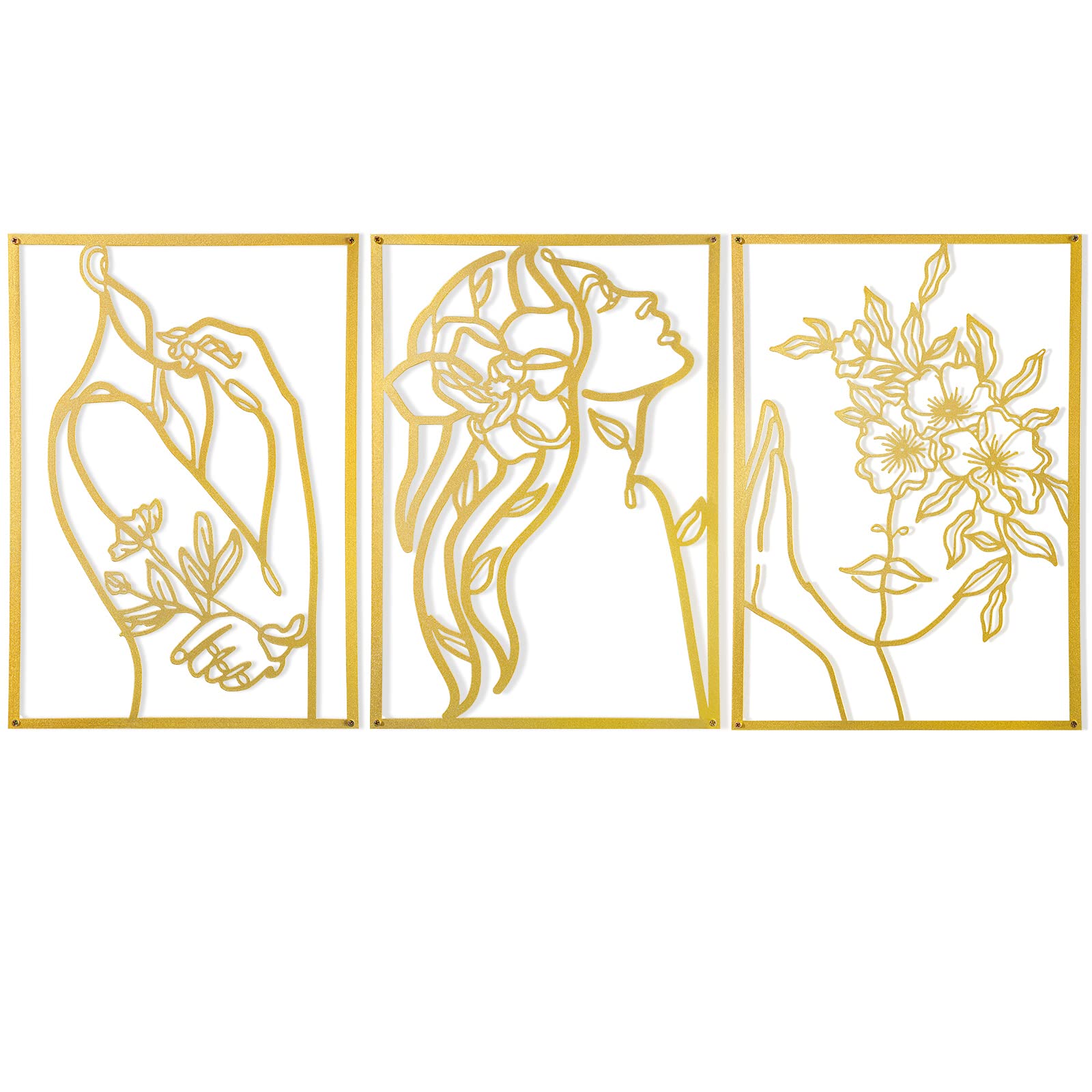 Hanwares 3 Pcs Gold Metal Wall Decor, Minimalist Floral Women Line Drawing Wall Art, Elegant Abstract Lady Silhouette Metal Wall Hanging for Home Bedroom Living Room