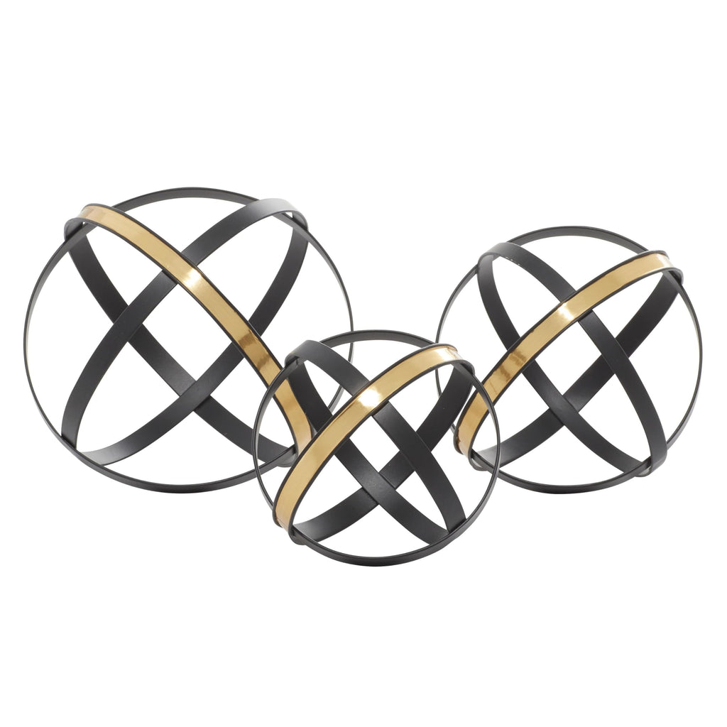Hanwares Metal Geometric Decorative Sculpture Home Decor Statues with Gold Accents, Set of 3 Accent Figurines 6", 5", 4"H, Black