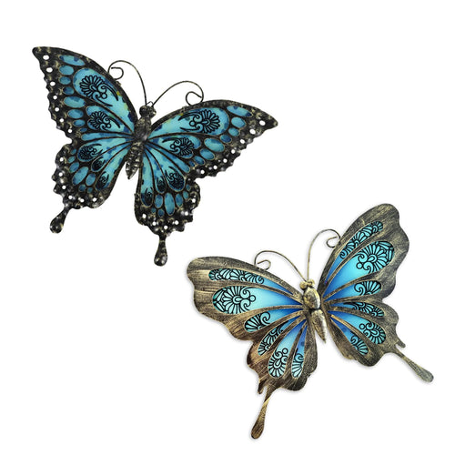 Hanwares Metal Butterfly Wall Decor,2Pack 12" Hanging Glass Butterfly Outdoor Decor,Garden Decorative Ornaments Outside for Home,Yard,Fence,Patio
