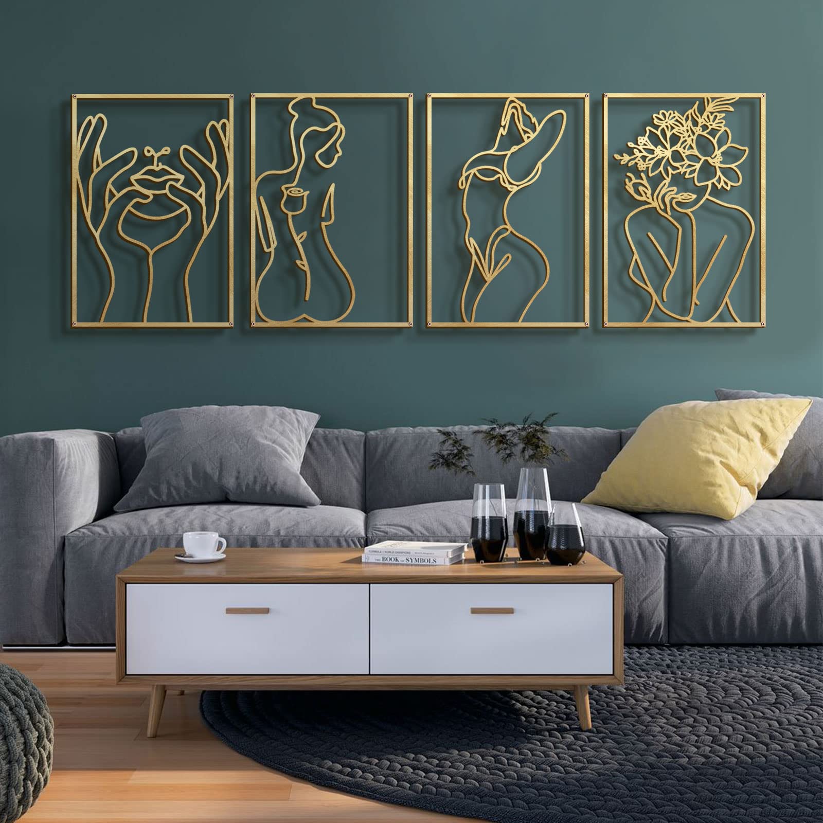 4 Pack Gold Wall Art Decor, Minimalist Single Line Real Metal Wall Art, Woman's Body Shape Abstract Wall Art (Gold Classic Style, 17 x 11.8'')