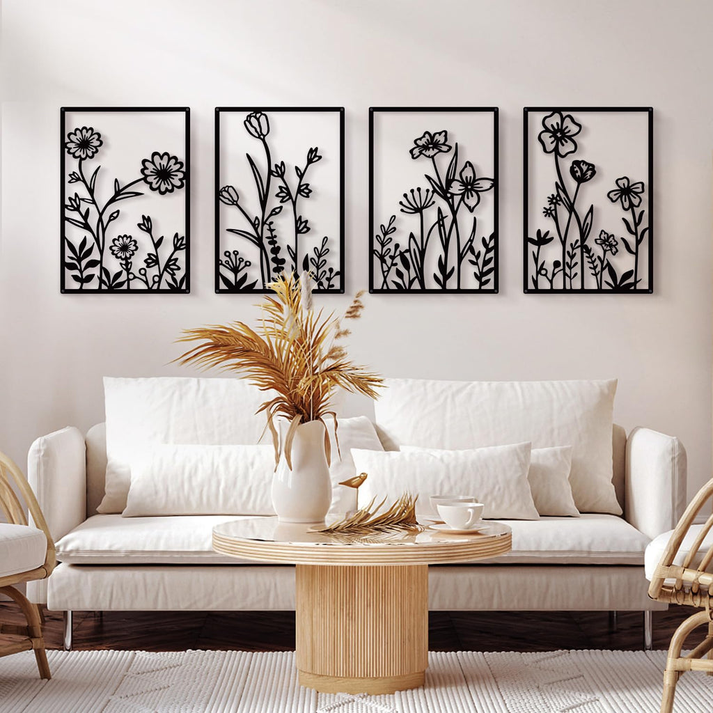 Hanwares Black Metal Flower Wall Decor, Minimalist Floral Botanical Wall Art, Abstract Line Boho Farmhouse Decor for Living Room, Bathroom, Bathroom, Office, Meaningful Gift (4 Pcs, 12x17 in)