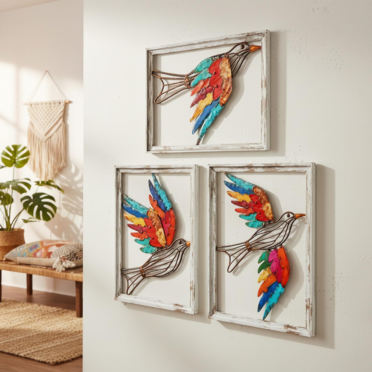 Boho Metal Wall Art - Hanwares Boho Metal Wall Art Birds,Wall Decor Colorful Bird 3 Pieces, Rustic Bird Wall…