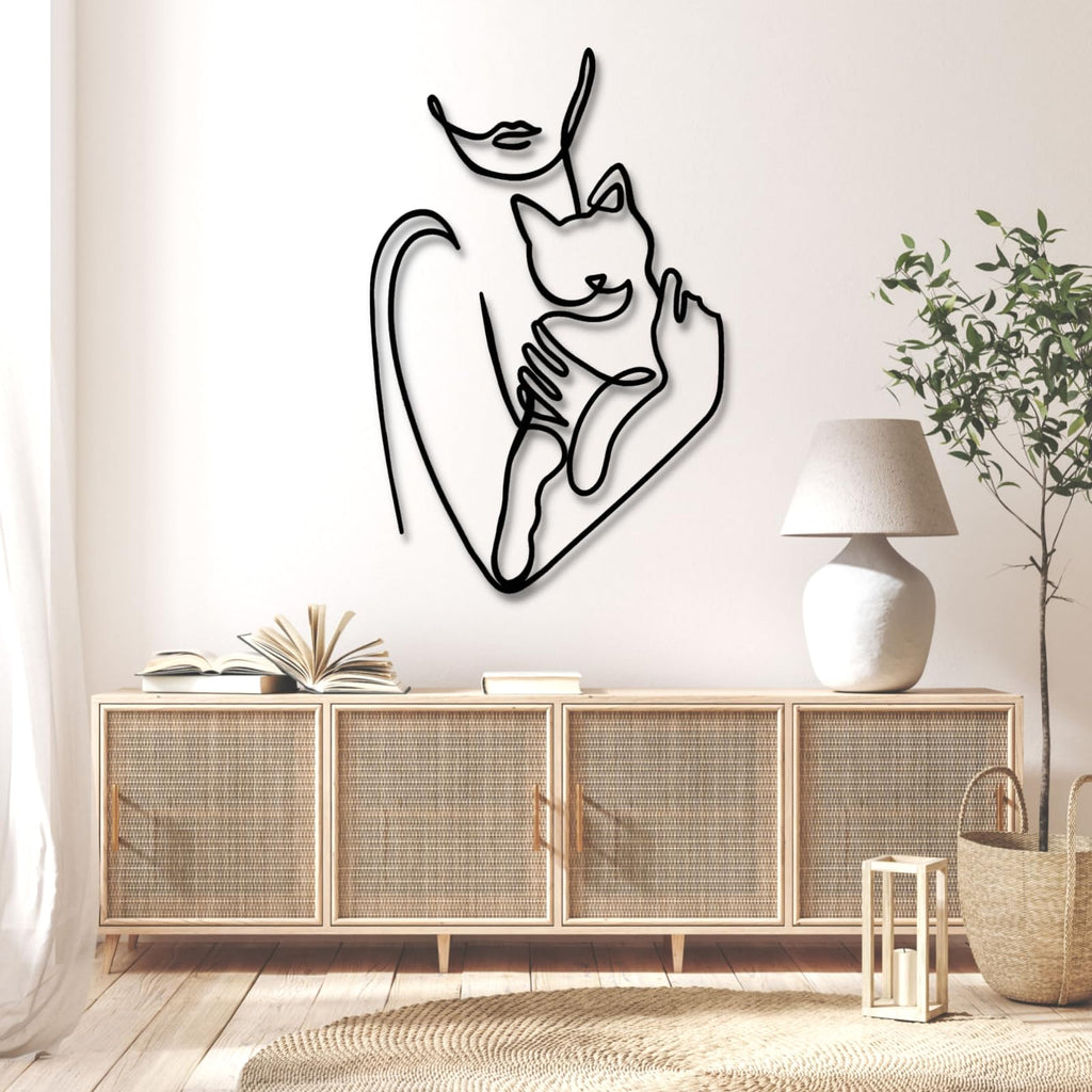 Cat Metal Wall Art - Metal Line Wall Art, Metal Women Line Art With Cat, Woman Holding Cat Metal Wall Art, Metal Line…