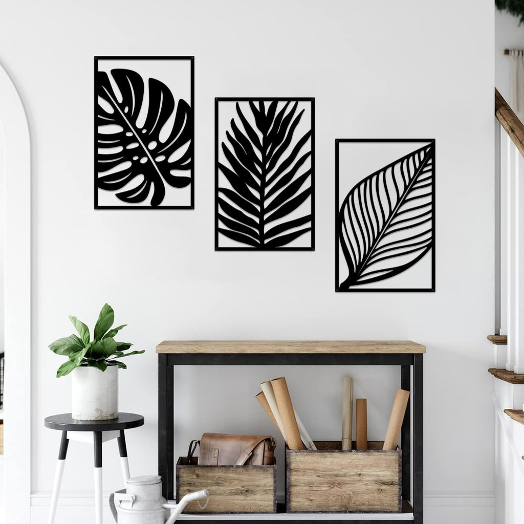 Boho Metal Wall Art - Hanwares 3 Pcs Boho Metal Wall Art Decor Leaf Sign Wall Vintage Tropical Plant Wall Rustic Palm…