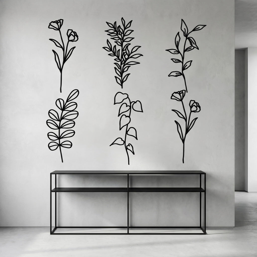 Hanwares 6 Pieces Metal Wall Art Minimalist Line Decor Flower Black Botanical Leaf Metal Art Modern Natural Floral Line Wall Decorations for Bedroom Living Room Bathroom Kitchen Outdoor