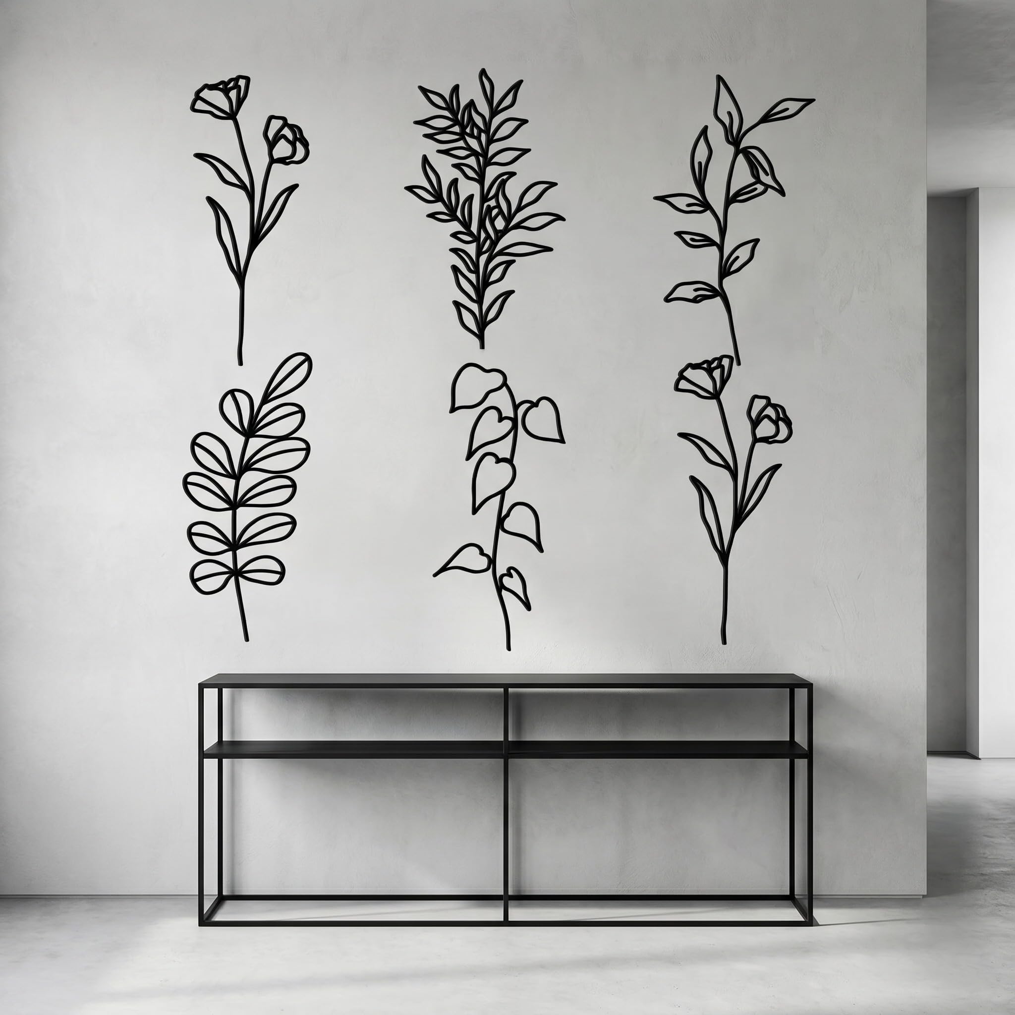 Hanwares 6 Pieces Metal Wall Art Minimalist Line Decor Flower Black Botanical Leaf Metal Art Modern Natural Floral Line Wall Decorations for Bedroom Living Room Bathroom Kitchen Outdoor