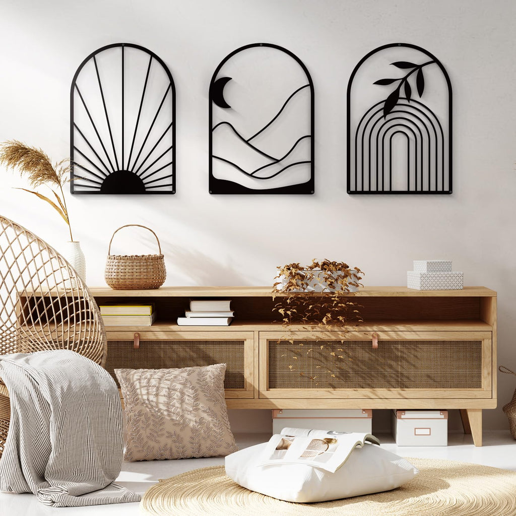 Boho Metal Wall Art - Hanwares Black Metal Boho Wall Decor, Modern Arch Sun and Mountain Wall Art, Bohemian Minimalist…