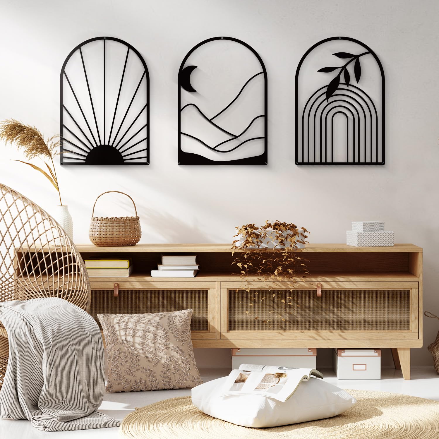 Boho Metal Wall Art - Hanwares Black Metal Boho Wall Decor, Modern Arch Sun and Mountain Wall Art, Bohemian Minimalist…