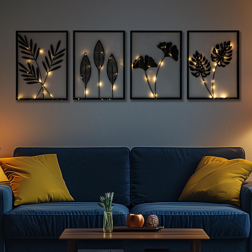 Hanwares Black Metal Wall Decor Framed, 3d Modern Metal Wall Art with Light, Minimalist Abstract Black Line Art DéCor, 4 Piece Home Art for Living Room Bedroom Bathroom