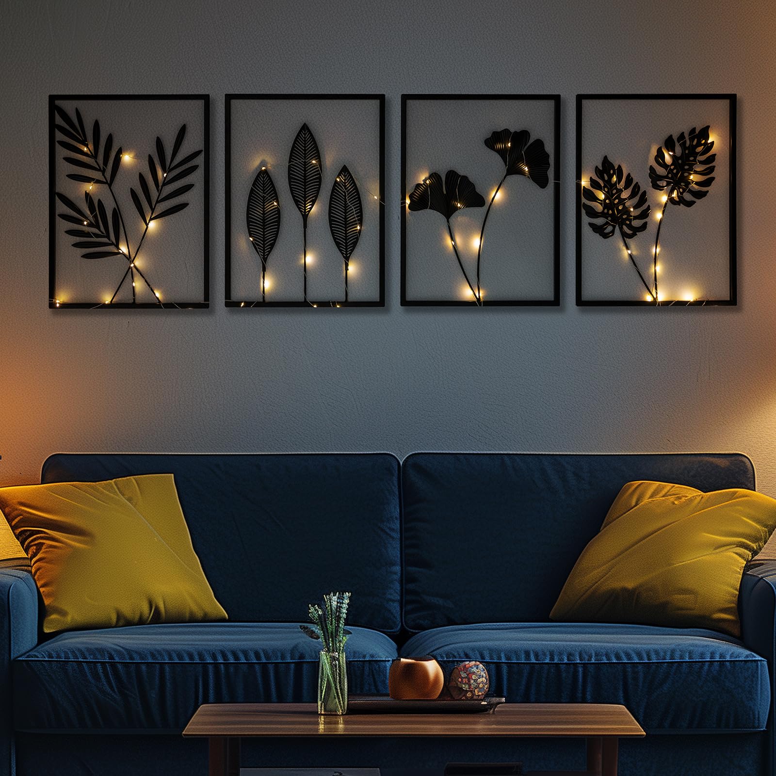 Hanwares Black Metal Wall Decor Framed, 3d Modern Metal Wall Art with Light, Minimalist Abstract Black Line Art DéCor, 4 Piece Home Art for Living Room Bedroom Bathroom
