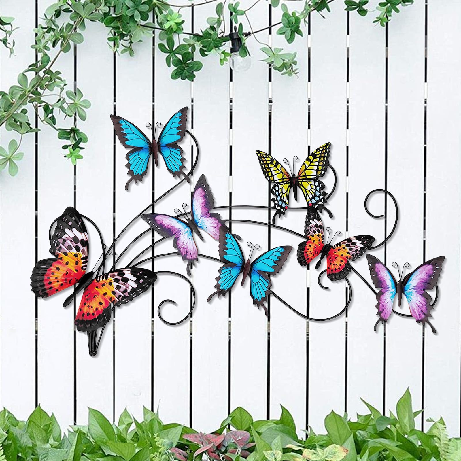 Hanwares Metal Butterflies Wall Decor Art, 22"×13.3", Indoor & Outdoor Decoration, 3D Colorful Hanging Butterfly Decorations for Patio Garden Fence Yard