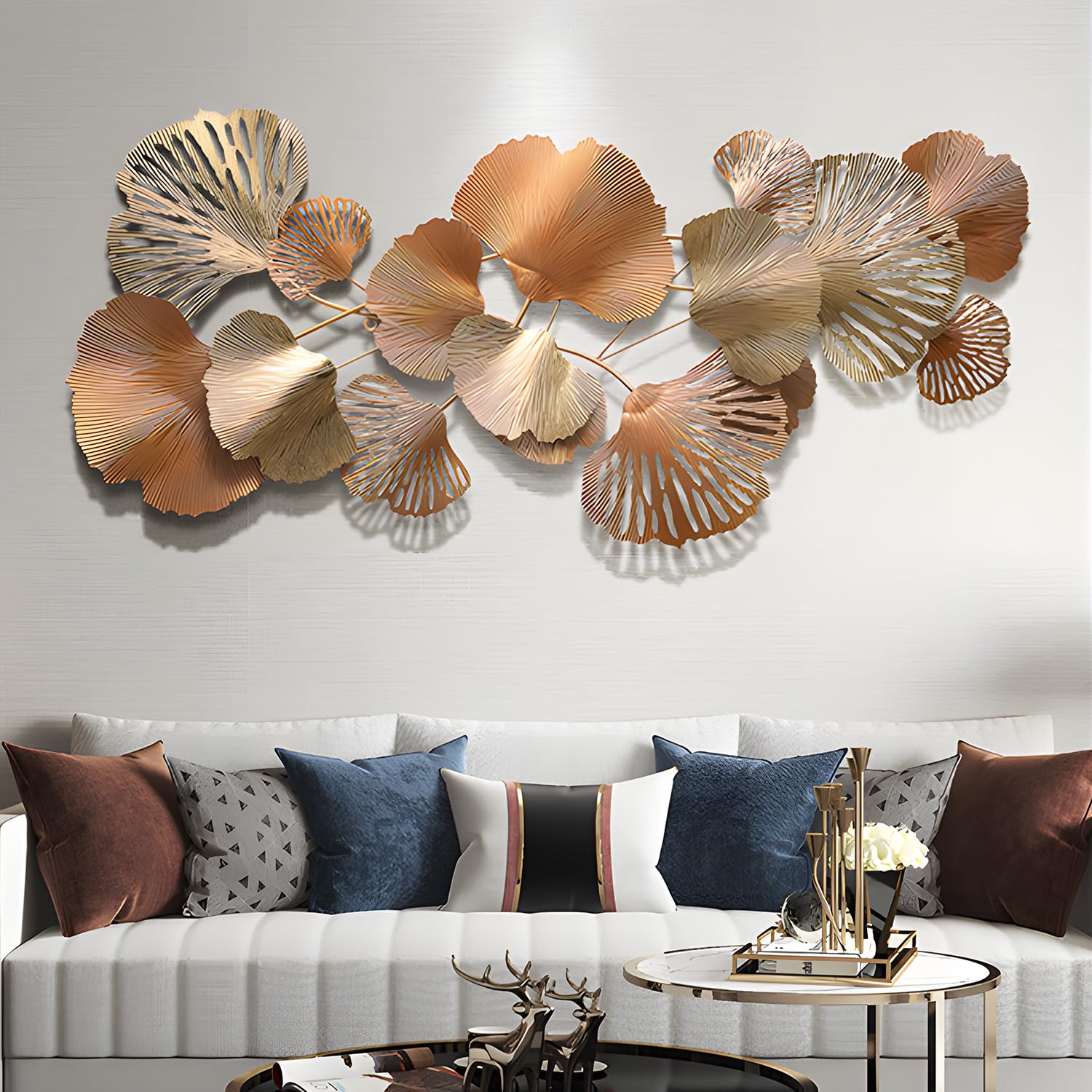 Gold Metal Wall Art - Hanwares Gold Metal Wall Decor 53" Large Metal Wall Art for Living Room | 3D Golden Ginkgo Leaves…